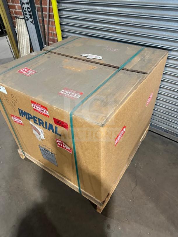 Brand new Imperial IHR-2FT 2-burner range/oven in box; stainless steel, natural gas, French top, SN: 01364723.