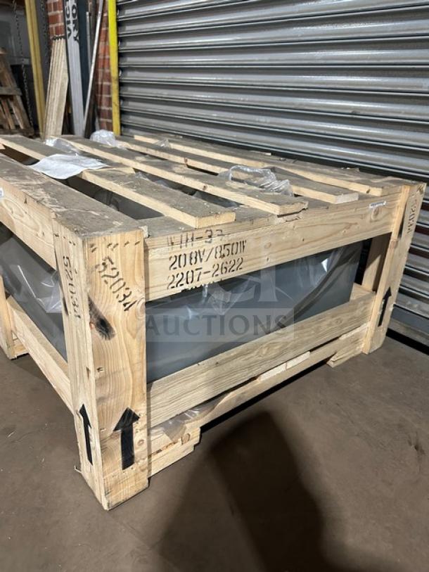 Brand new Atlas Metals WTH37 3-Bay Electric Steam Table in crate, 208V 1 Phase, Serial 22072622A.