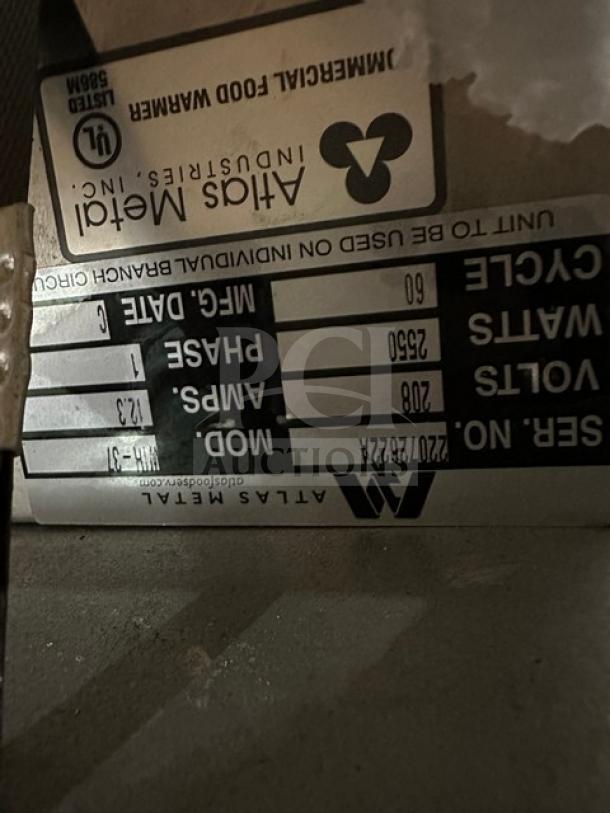 Atlas Metals steam table label, model WTH37, serial 22072622A, 208V, 1-phase, 60 Hz, 12.3 amps, 2560 watts, brand new.