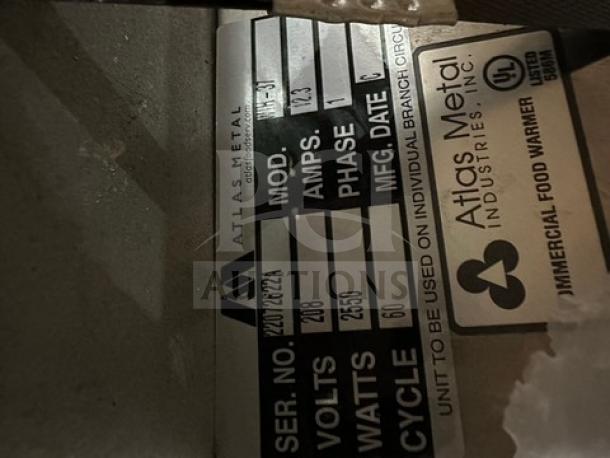 Atlas Metals Electric 3 Bay Steam Table, Model WTH37, Serial 22072622A, 208V 1 Phase, brand new in crate.