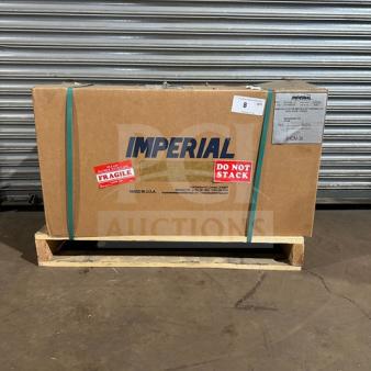 Brand new Imperial IHCM36 cheese melter in unopened box, detailed with "Fragile" and "Do Not Stack" labels. Model: IHCM-36.