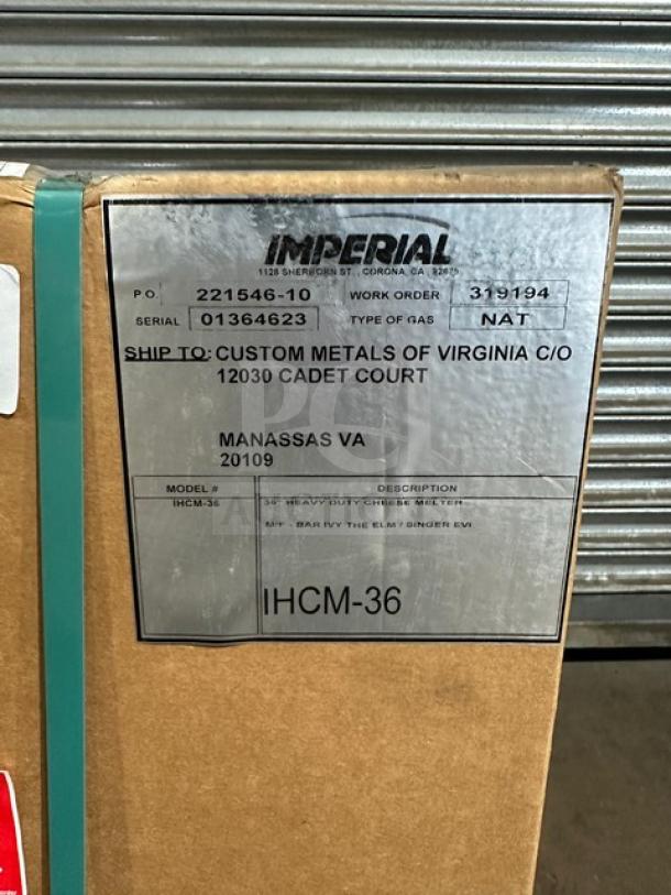 Imperial IHCM-36 cheese melter, new in box, stainless steel, natural gas, 36" countertop, infrared burner, SN: 01364623.