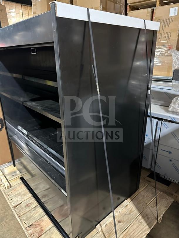 Structural Concepts black 3-tier refrigerated merchandiser, Model B45R, new condition with pull-down night curtain, 220V 1 Phase.