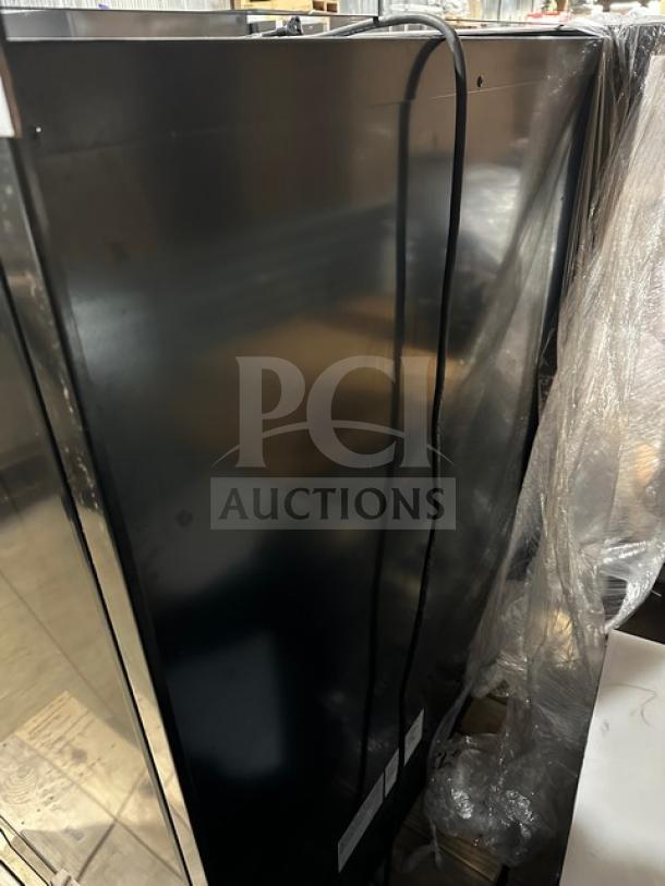 Structural Concepts B45R refrigerated display case, black, 3-tier, new condition, with pull-down night curtain, model tag visible.