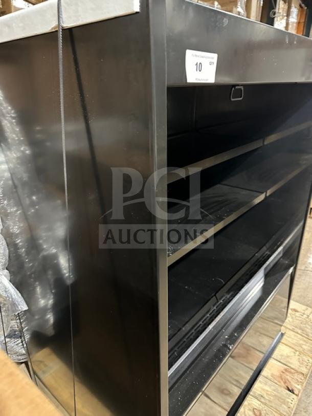 NEW Structural Concepts B45R black 3-tier refrigerated merchandiser with pull-down night curtain, model B45R, 220V, new condition.