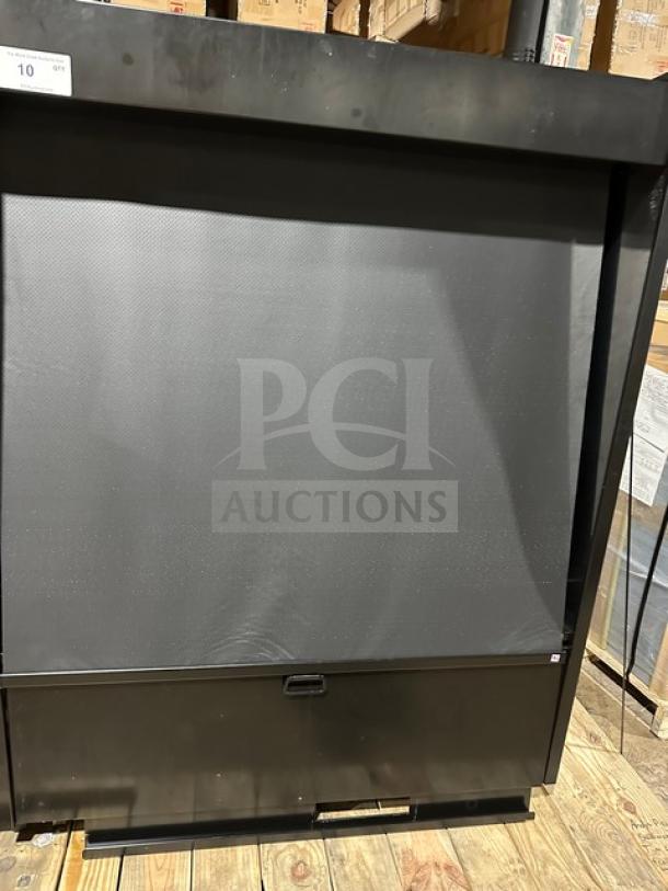 Commercial black 3-tier refrigerated air curtain display case by Structural Concepts, Model B45R, with pull-down night curtain. New condition.