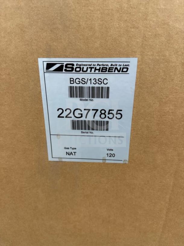 BRAND NEW Southbend BGS13SC stainless steel natural gas convection oven, model 22G77855, 120V, on legs, in box.