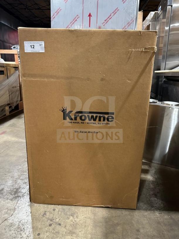 Brand new Krowne stainless steel under-counter bar glass dry rack, model KR18-S24, in original box, with visible label.