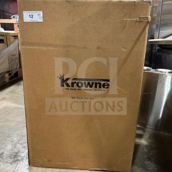 Brand new Krowne stainless steel under-counter bar glass dry rack, model KR18-S24, in original box, with visible label.