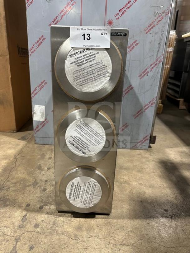 Brand new Dispense-Rite 3-hole cup dispenser unit in stainless steel, vertical design. Includes installation instructions visible.