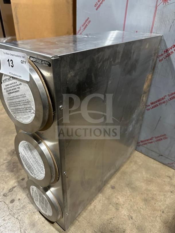Brand new Dispense-Rite drop-in 3-hole cup dispenser unit in stainless steel. Model features visible labels on dispenser openings.