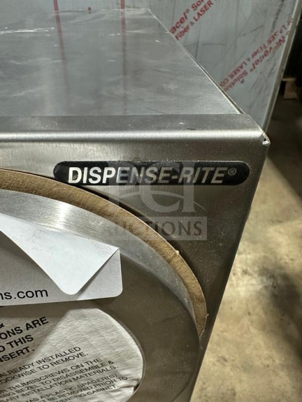 Brand new Dispense-Rite 3-hole drop-in cup dispenser unit, stainless steel, visible branding, pristine condition.