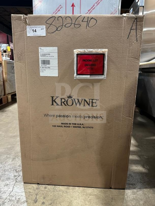 Krowne all stainless steel under-counter bar glass dry rack, model KR24-S12, new in box with visible labels and markings.