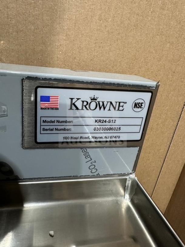 Krowne stainless steel under-counter bar glass dry rack, model KR24-S12, new in box. Features label with model and serial numbers.