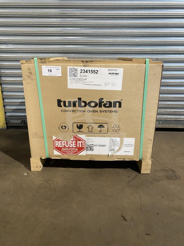 Brand new Moffat E23D3 convection oven in sealed box, 208V, 1 phase. Serial 2341552. Packaging shows model and serial labels.