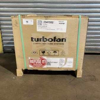 Brand new Moffat E23D3 convection oven in sealed box, 208V, 1 phase. Serial 2341552. Packaging shows model and serial labels.