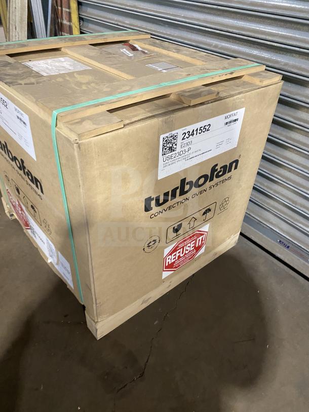 Brand new Moffat Turbo Fan E23D3 convection oven in box, 208V 1 Phase, Model E23D3, Serial 2341552 visible on label.