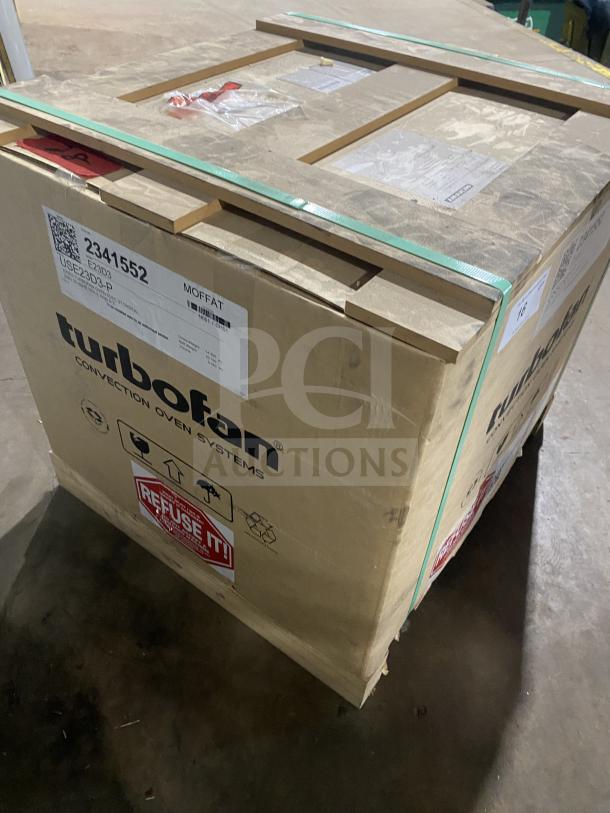 Brand new Moffat Turbo Fan E23D3 convection oven in box, model E23D3, serial 2341552, 208V 1 phase, pristine condition.