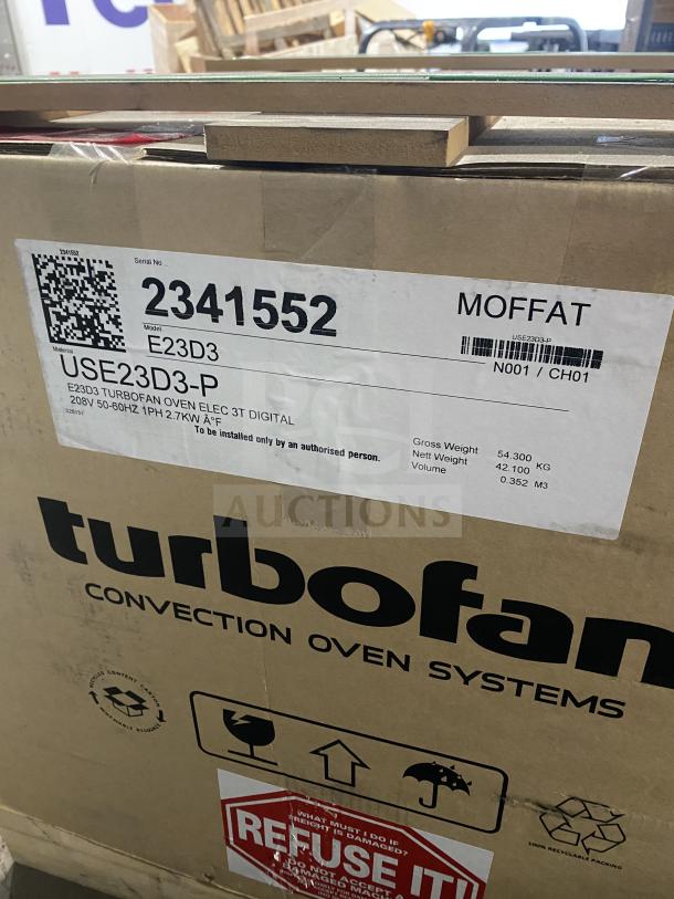 Brand new Moffat E23D3 Turbofan convection oven in box. Electric, 208V, 1 phase, serial 2341552, for countertop use.