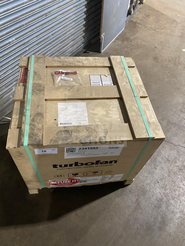 Brand new Moffat TurboFan E23D3 convection oven, 208V 1 Phase, in original box. Serial 2341552 visible.