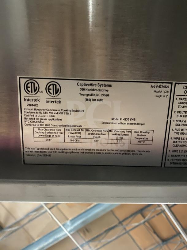 Brand new Captive Air 72" stainless steel exhaust hood; model 4230 VHB, ETL certified.