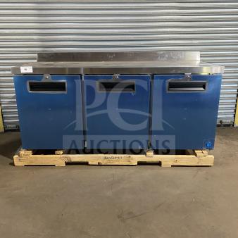 Hoshizaki 3-door stainless steel refrigerated lowboy cooler with raised backsplash and casters, new condition, 115V.