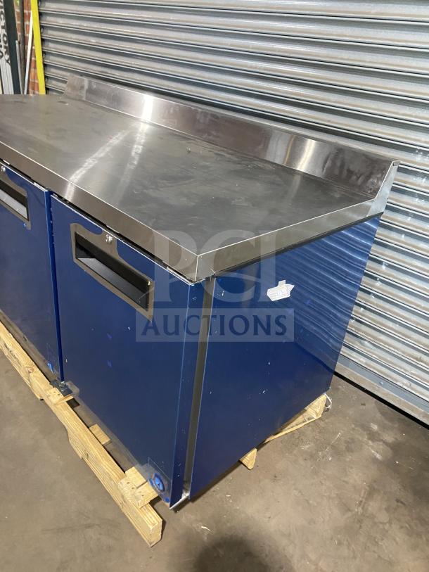 Hoshizaki 3-door stainless steel refrigerated lowboy cooler with raised backsplash, 115V, 1 phase, on casters, new condition.