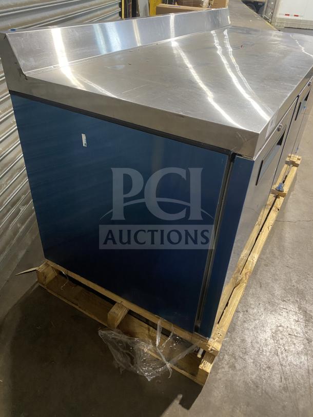 Hoshizaki 3-door stainless steel refrigerated lowboy cooler with raised backsplash, 115V, on casters, new condition.