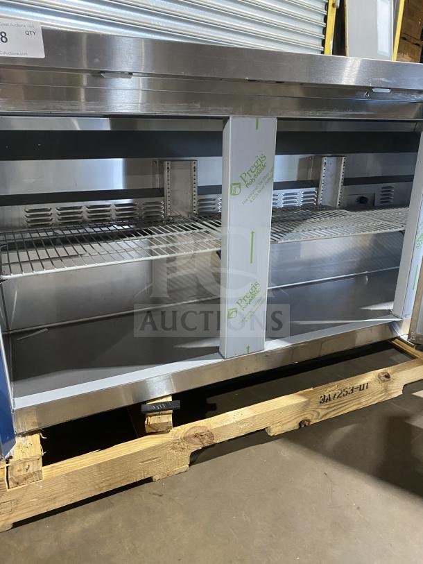 Hoshizaki 3-Door Stainless Steel Refrigerated Lowboy Cooler with raised backsplash, on casters, new out of box.