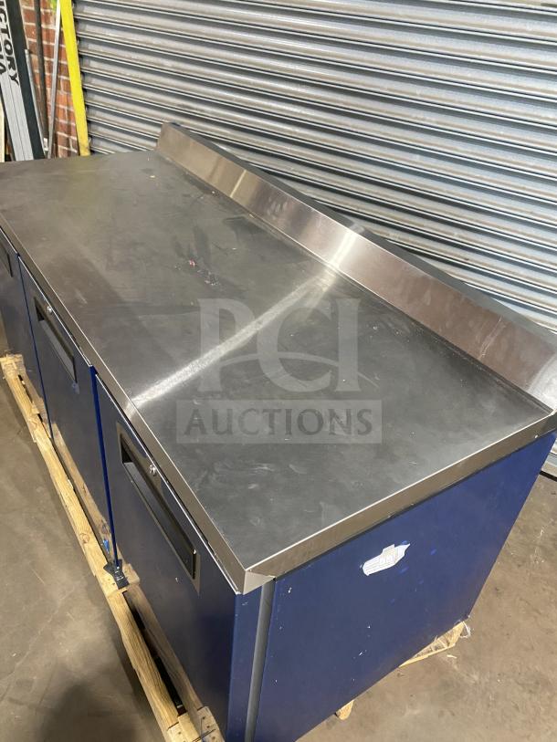 Hoshizaki 3-door stainless steel refrigerated lowboy cooler with raised backsplash, brand new, on casters, 115V 1 Phase.