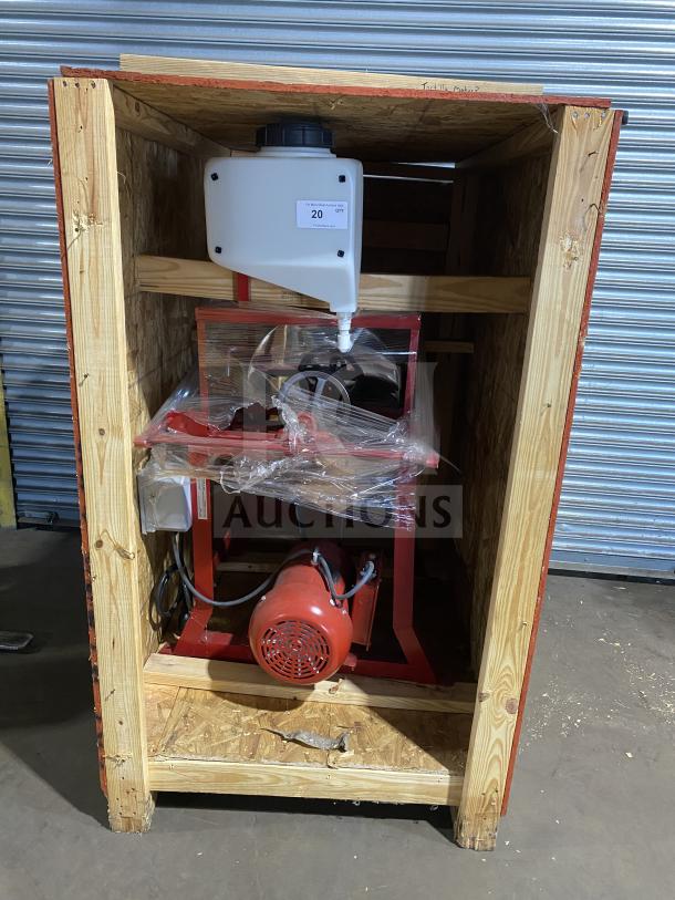 Brand new Meadows Mills MQ098 commercial grain mill in crate, 220V 1-phase, serial MQ098S057, features steel burr construction.