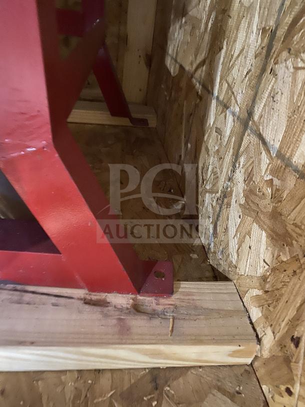 Brand new Meadows Mills Model MQ098 grain mill on crate, red steel frame. Commercial use, 220V, 1 phase. Serial MQ098S057.