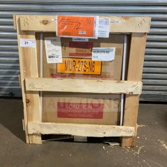 Brand new Turbo Air M3 MUR-27S-N6 undercounter refrigerator in crate, model MUR27S-N6, with tags and caution markings.