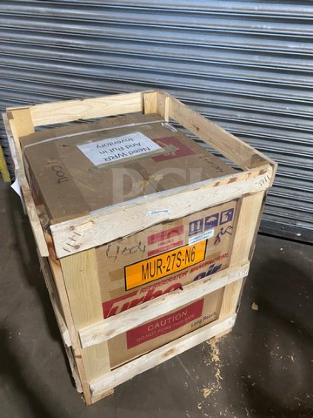 Brand new Turbo Air MUR27S-N6 undercounter refrigerator in crate, model MUR27S-N6, solid door, on casters, 115V, 1 phase.