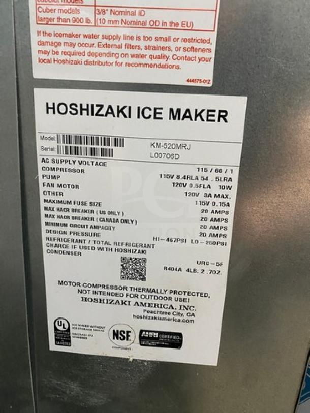 Hoshizaki KM520MRJ ice maker machine, new condition, serial L00706D, 115V, 1 phase, NSF certified, ideal for commercial use.