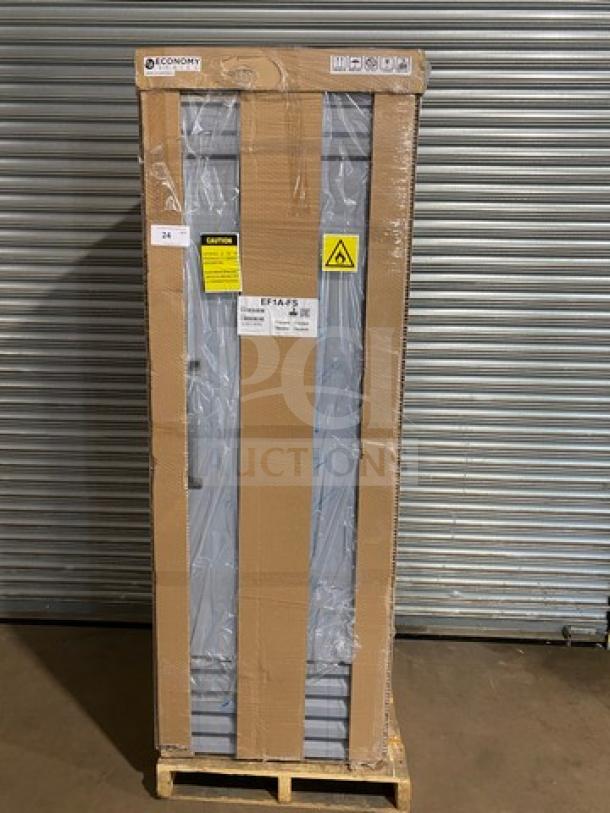 Brand new Hoshizaki EF1A-FS stainless steel one-door reach-in freezer, model EF1A-FS, on casters in original packaging.