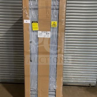 Brand new Hoshizaki EF1A-FS stainless steel one-door reach-in freezer, model EF1A-FS, on casters in original packaging.
