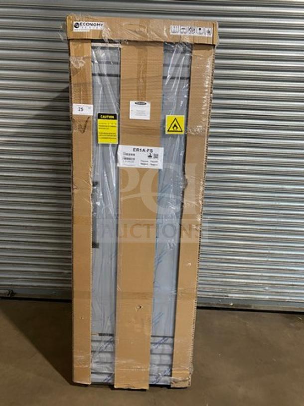 Brand new Hoshizaki EF1A-FS stainless steel reach-in freezer, on casters, packaged with labels. Model EF1A-FS, Serial L00648H.