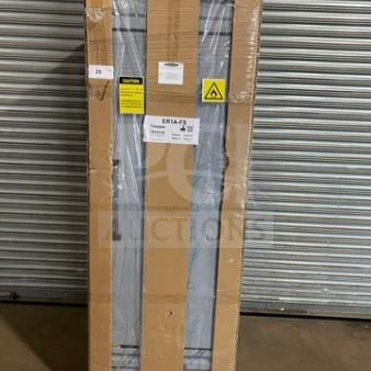 Brand new Hoshizaki EF1A-FS stainless steel reach-in freezer, on casters, packaged with labels. Model EF1A-FS, Serial L00648H.