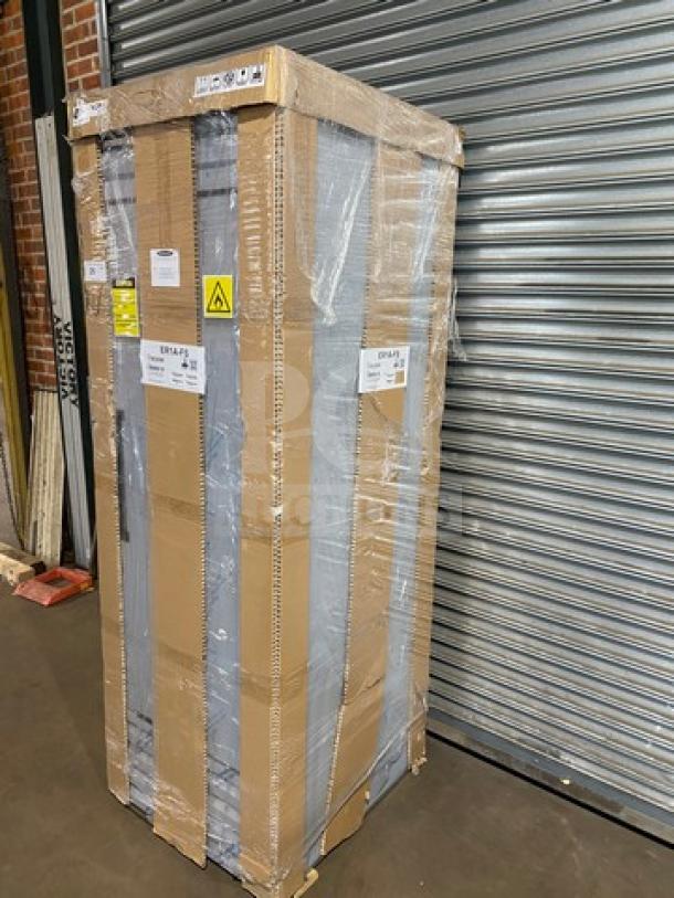 Brand new Hoshizaki EF1A-FS stainless steel one-door reach-in freezer in packaging; scratch-and-dent condition.