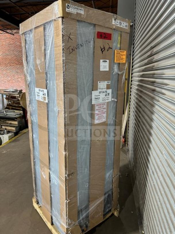 Brand new Hoshizaki EF1A-FS stainless steel freezer, scratch-n-dent, serial L00648H, 115V, 1 phase, on casters, boxed.
