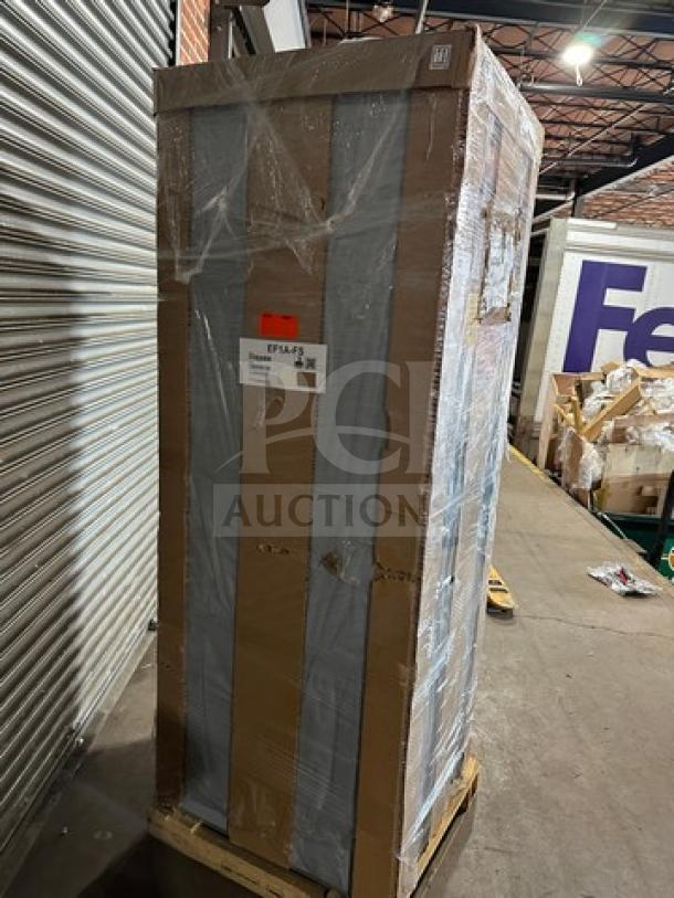 Brand new Hoshizaki EF1A-FS stainless steel reach-in freezer in shipping box. Item is on casters, model label visible.
