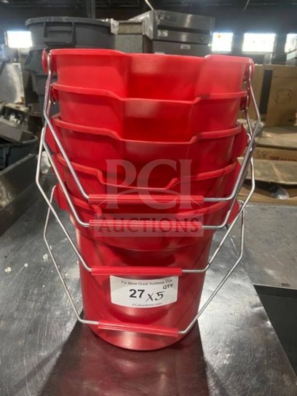 Red Rubbermaid 2963 round bucket, 10-quart capacity, new condition, metal handle. Auction lot tag shows "27 x 5 qty".