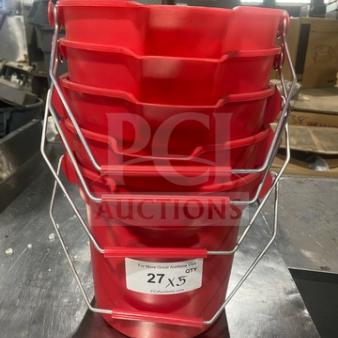 Red Rubbermaid 2963 round bucket, 10-quart capacity, new condition, metal handle. Auction lot tag shows "27 x 5 qty".