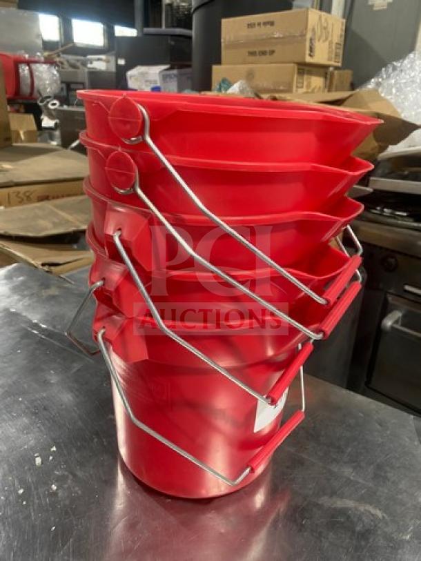 Rubbermaid 2963 red 10-quart round buckets, stack of five, new condition, metal handles attached.