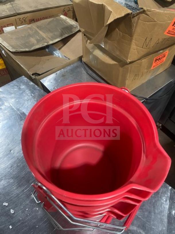 Rubbermaid 2963 red 10-quart round bucket, new condition, with metal handle, stack of 5 buckets.