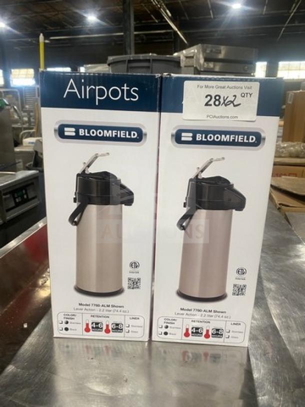 New Bloomfield coffee/hot beverage air pot, model 7760ALM, in original packaging. Stainless steel finish.
