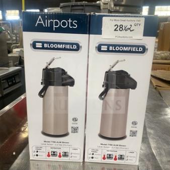 New Bloomfield coffee/hot beverage air pot, model 7760ALM, in original packaging. Stainless steel finish.