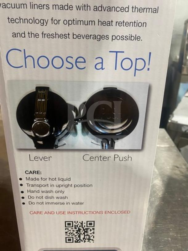 NEW Bloomfield model 7760ALM coffee/hot beverage air pot in box. Features lever and center push tops. Care instructions shown.