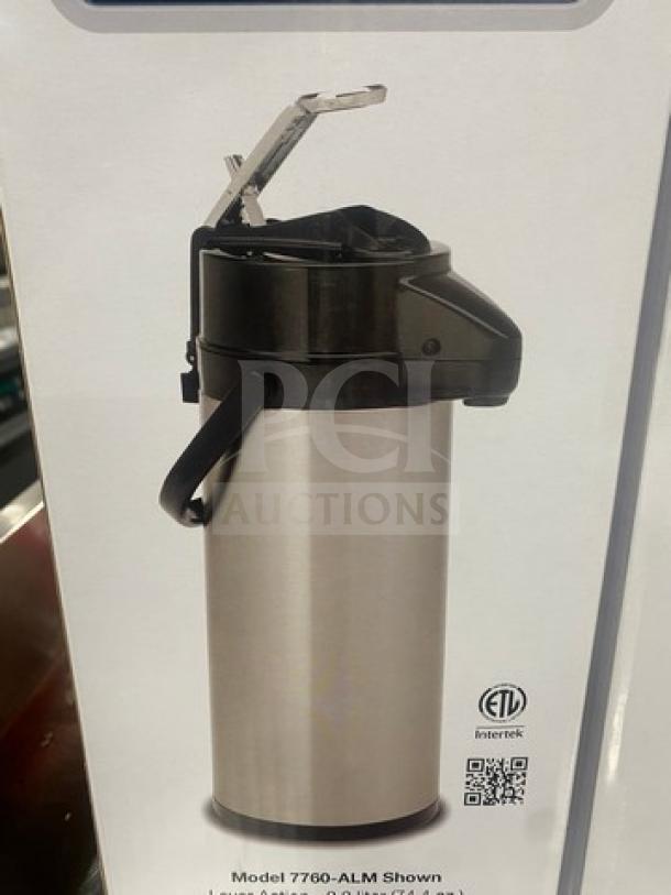 NEW Bloomfield Coffee/Hot Beverage Air Pot, Model 7760ALM, silver and black, shown in packaging.